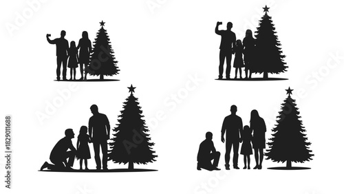 Christmas holiday family silhouettes set vector art, celebrating season of togetherness