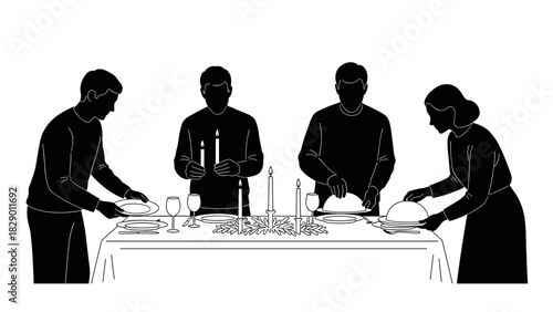 Elegant family preparing the table for Shabbat dinner, creating a warm, traditional scene