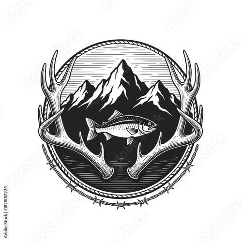 Vintage Emblem of a Trout Fish with Mountains and Antlers.
