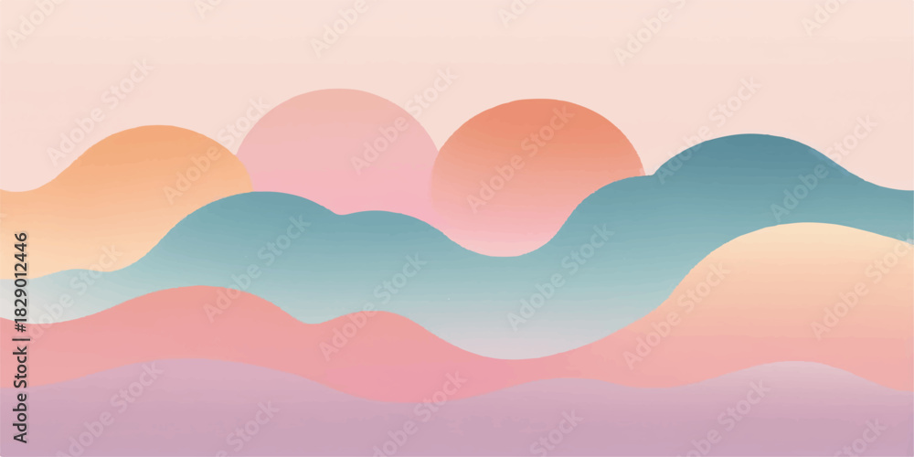 Obraz premium Abstract vector illustration of a summer sky landscape with sunbeams, clouds, and a rainbow design