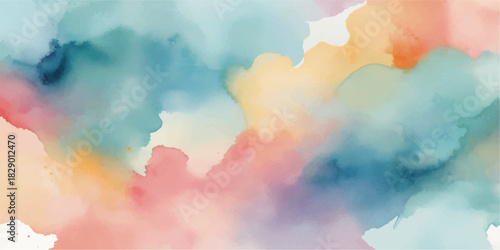 Abstract watercolor hand painted background depicting a colorful blue sky cloudscape with bright sun and light vintage texture