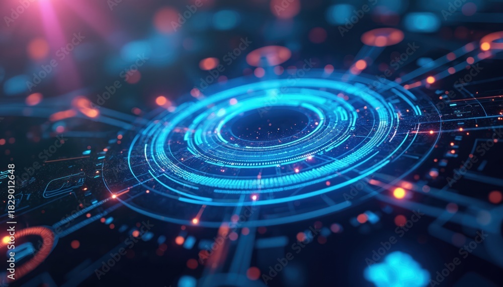 Fototapeta premium Digital tech background displays circle shapes, lines, dots. Data stream visualization shows network activity. Futuristic concept for blockchain, AI machine learning. Great for presentations promo.