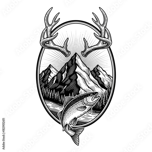 Vintage Engraving Style Illustration of Mountain Landscape with Deer Antlers and Jumping Fish.