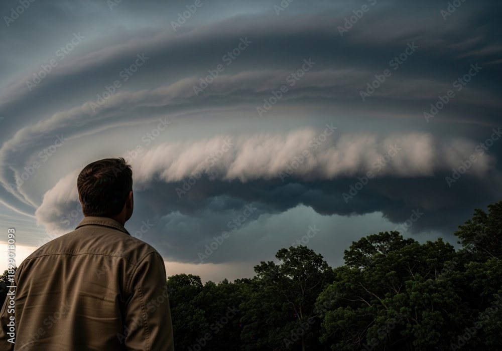 Obraz premium Man Watches Massive Shelf Cloud Over Forest as Storm Front Rolls Across the Sky