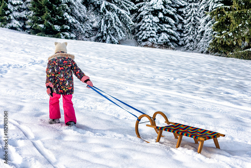 Little girl pulling colorful wooden sled on snowy hill during bright winter day surrounded by fresh snow and evergreen forest