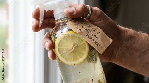 Close-up of hand holding homemade citrus and vinegar all-purpose cleaner spray bottle with lemon slices.