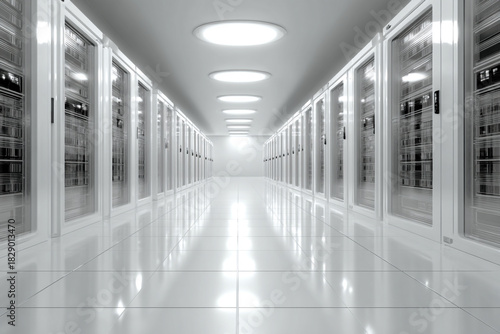 Perspective shot down a clean, futuristic white server room aisle, bright light at end.