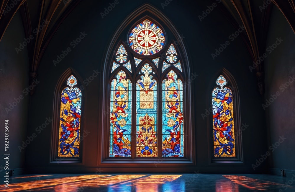 Obraz premium Stained glass windows inside gothic church illuminate interior with colorful light. Arched windows feature ornate designs casting patterns on stone floor. Ancient religious architecture provides