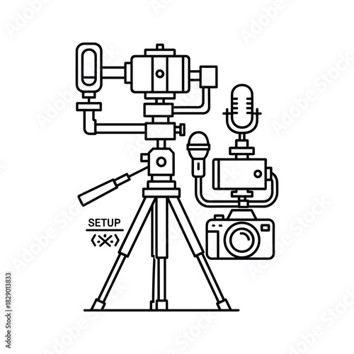 Modern video production setup featuring a camera mounted on a tripod with attached microphones and lights