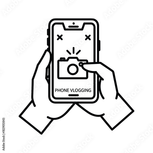 Hands holding a smartphone with a camera icon and phone vlogging text on screen, isolated on