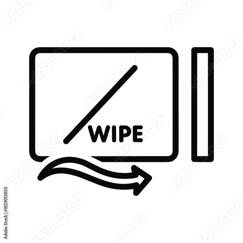 Simple black line icon representing a no wipe warning or instruction with text and an arrow, isolated on