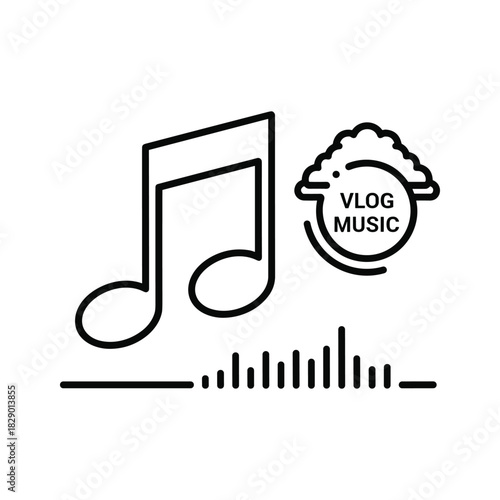 Musical note, audio waveform, and vlog music text icon for online video content, isolated on white