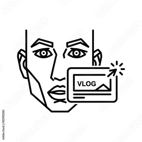 Simple line drawing of a human face and a video screen with vlog on it, illustrating video blogging
