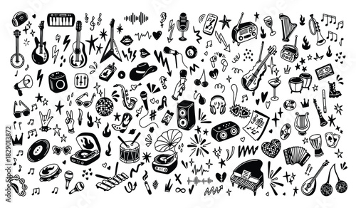 Vibrant hand-drawn music instruments and party elements doodle pattern. Vector