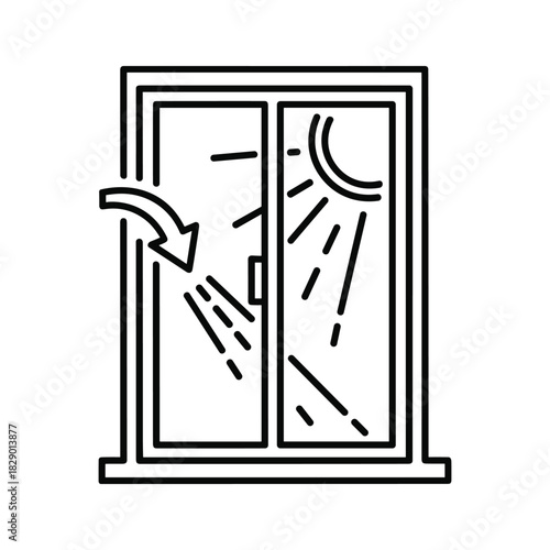 Line art icon of a window with sunlight and an arrow, representing light control or energy saving