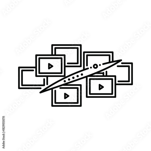 Video editing timeline with multiple video clips and play buttons, representing multimedia production