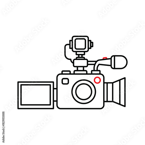Professional video camera with external monitor and microphone, line art illustration isolated on