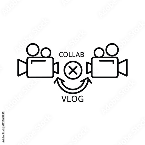 Icon of two video cameras collaborating on a vlog, symbolizing online content creation and partnership, isolated on white