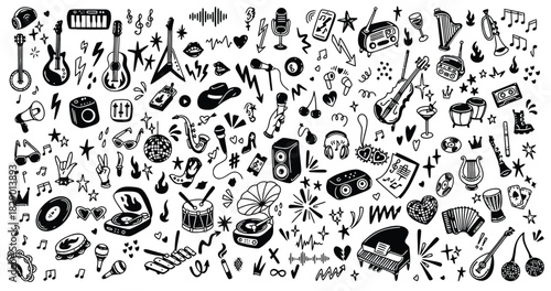 Hand-drawn music symbols and instruments doodle pattern illustration Vector