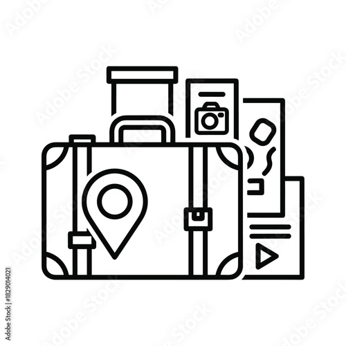Travel planning and adventure concept with a suitcase, map, camera, and location pin, isolated on