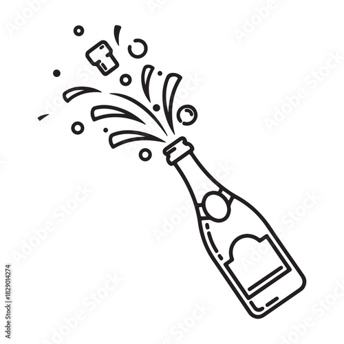 Hand drawn silhouette of a champagne bottle with cork popping and splashing liquid isolated on white background