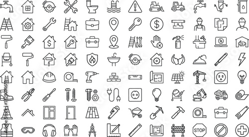 Line icons for construction, tools, safety gear, plumbing, electrical, home improvement, UI, vector, flat, minimal, black, white