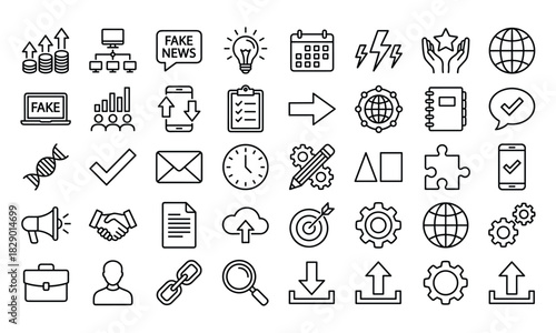 Line icons for digital communication, business, data analysis, productivity, internet, vector, flat, minimal, black, white, clean, modern