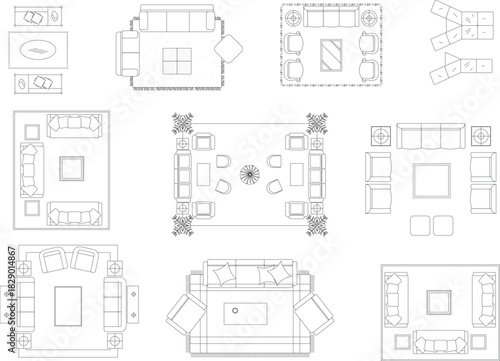 Living room furniture arrangement floor plans and interior design layouts, blueprints, customizable stroke, vector, illustration