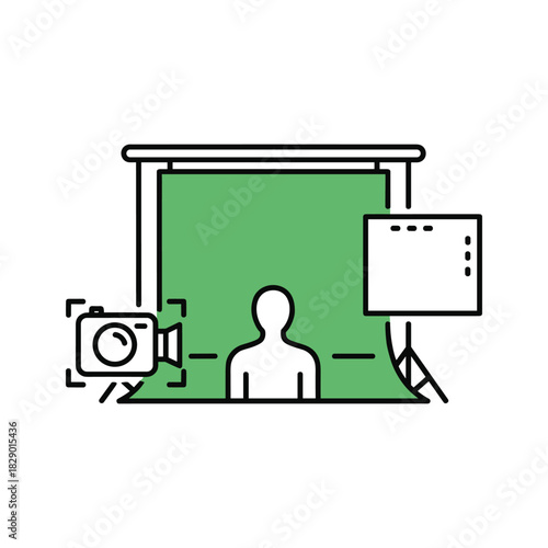 Video production studio setup with green screen, camera, and light