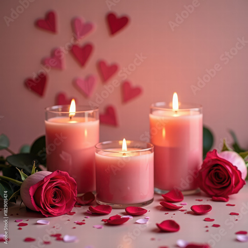 Burning candles, pink roses and hearts. intimate love background. Date and Valentine's Day concept.