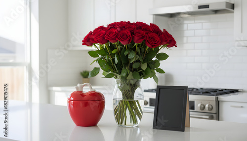 valentines day home interior scene with red roses arrangement and blank message board