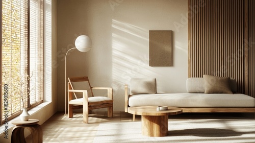 Minimal modern living room with natural wood furniture, soft neutral seating, warm sunlight, and calm decorative elements, idea for interior design projects and home decor presentations