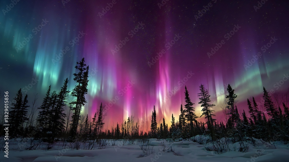 Naklejka premium Vibrant Aurora Northern Lights Winter Night Spectacle 
