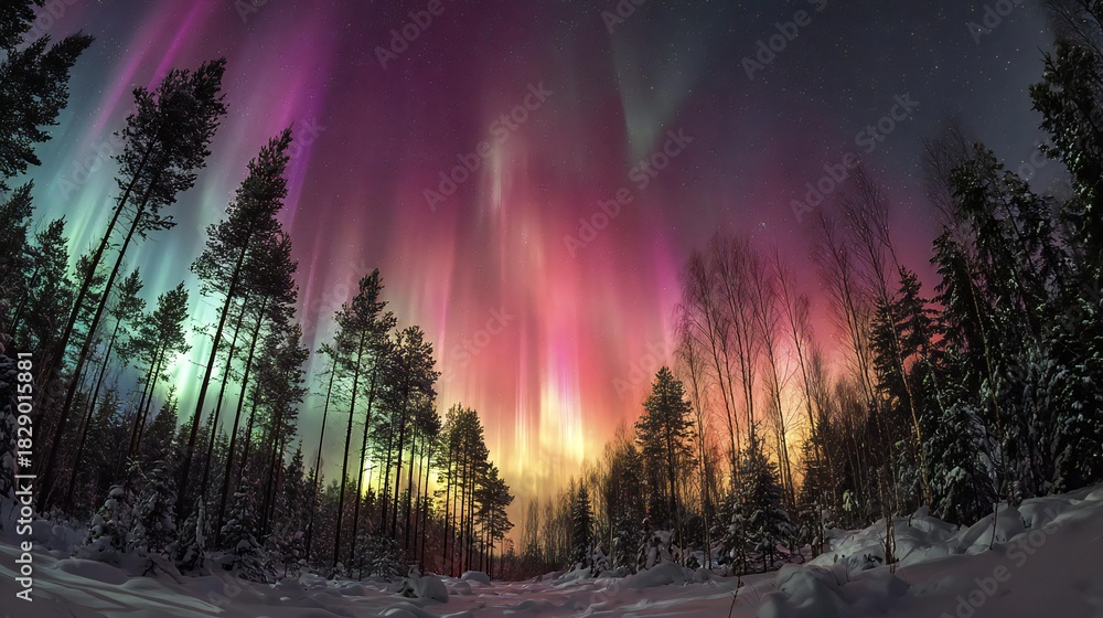Obraz premium Spectacular Aurora Borealis Over Snowy Winter Forest 