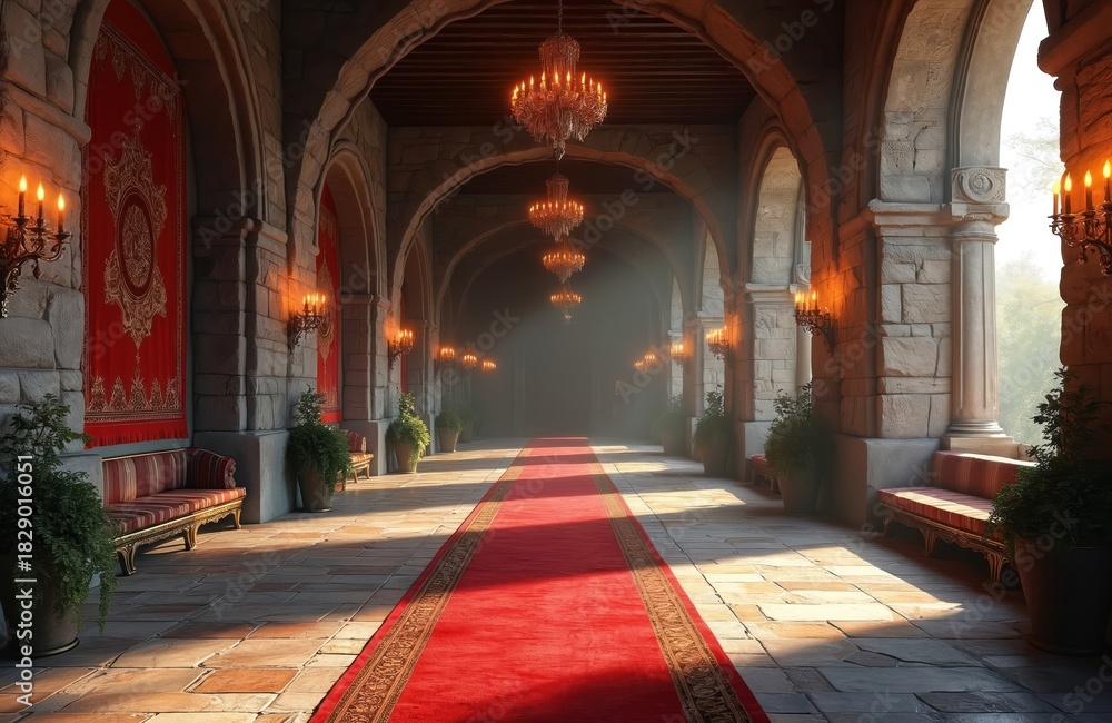 Naklejka premium Medieval castle hallway with stone arches, long red carpet. Majestic palace interior with ornate chandeliers, candlelight. Sunlight illuminates path to throne room. Grand, opulent corridor inside
