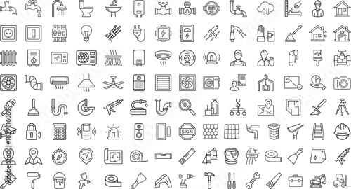 Line icons for home improvement, construction, plumbing, electrical, maintenance, safety, tools, UI, vector, flat, minimal, black, white