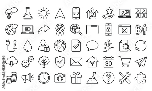 Line icons for innovation, communication, environment, business, technology, digital UI, vector, flat, minimal, black, white, web, mobile