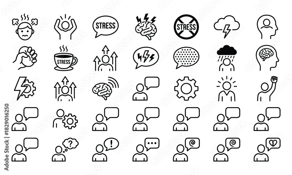 Fototapeta premium Line icons for stress, mental health, emotional expression, communication, wellness, vector, flat, minimal, black, white, clean, symbolic