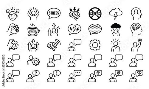 Line icons for stress, mental health, emotional expression, communication, wellness, vector, flat, minimal, black, white, clean, symbolic