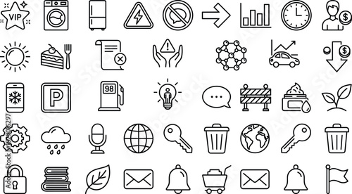 Line icons for technology, utilities, business, communication, interface design, vector, flat, minimal, black, white, clean, modern