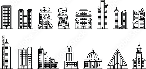 Line icons of diverse buildings, architecture styles, urban design, cityscape elements, vector, flat, minimal, black, white, clean