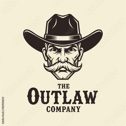 Vintage monochrome logo of a stern cowboy outlaw character.
