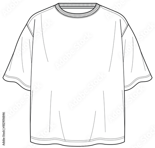 Mens boxy fit short sleeve crew neck t shirt flat sketch vector illustrator cad drawing