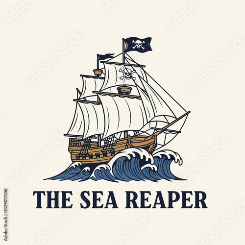 Vintage Pirate Ship Sailing on Rough Seas with Skull Flag.