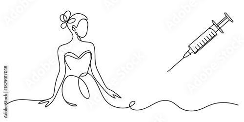Minimalist continuous line art of graceful woman with flower, contemplating a medical syringe; representing cosmetic procedures and beauty aesthetics. Vector, illustration