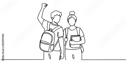 Continuous line drawing of two cheerful students, a boy with a backpack and raised fist, and a girl holding books, symbolizing academic achievement and youthful enthusiasm. Vector, illustration