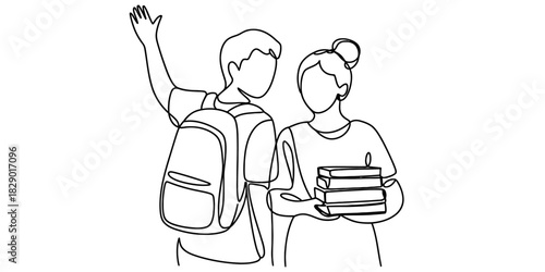 Continuous line art drawing of two students, a boy with a backpack waving hello and a girl holding school books, representing education and friendship Vector, illustration