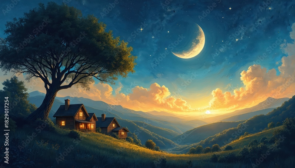 Naklejka premium Landscape with houses and large tree under half moon at starry night. Sunrise over mountain hills, idyllic scene. Night sky with clouds. Village houses with windows glowing in dark.