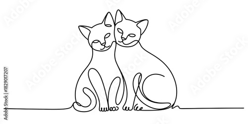 Minimalist continuous line art drawing of two affectionate cats sitting closely together, symbolizing love, friendship, and companionship on white. Vector, illustration