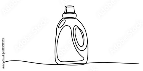 Minimalist continuous line drawing illustration of a plastic bottle for laundry detergent or fabric softener, a common household cleaning product. Vector, illustration